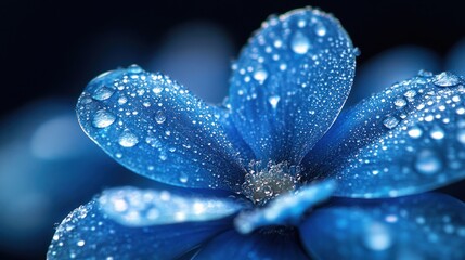 Close-up of a vibrant blue flower petal with water droplets, nature's beauty
