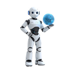 Fototapeta premium Futuristic humanoid robot holding a glowing orb against a transparent space