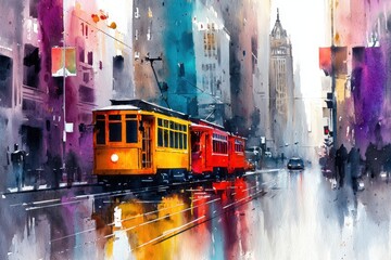 Vibrant watercolor painting of a yellow and red tram on a rainy city street with colorful reflections.