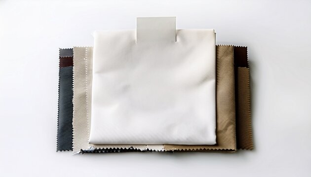 White Plain Blank Empty Squarish Sample Fabric Swatches With Naming Paper Jacket On Isolated Background