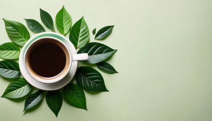 A Cozy Flat Lay Of A Coffee Cup Surrounded By Fresh Green Leaves With Plenty Of Copy Space For Your Design Needs Ideal For Coffee Lovers And Nature Enthusiasts