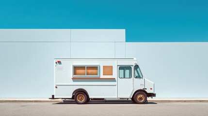 White Food Truck Against Blue Sky and Wall