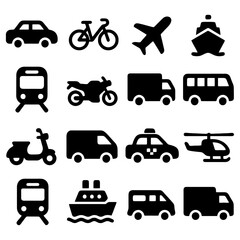 Obraz premium Transportation Icons: A collection of diverse transportation icons, encompassing various modes of transport from land, air and sea, presented in a sleek and simple style.