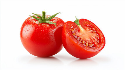 白背景に置かれたトマトとカットされたトマト