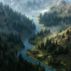 Winding River Through Misty Forest Valley with Majestic Mountains