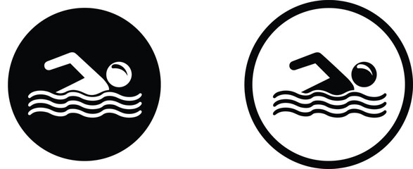 Swimming icons, pool signage, water activity symbols, swimmer graphics, aquatic facility, recreation design, black and white, swim zone, sports icon, fitness symbol, minimalist style
