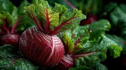 Vibrant close up of fresh beetroot with lush green leaves, glistening