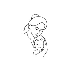 Black and White Vector Illustration of a Beautiful Mother Caring for Child in Minimalist Line Art Style