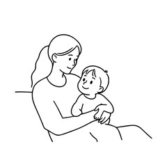 Black and White Vector Illustration of a Beautiful Mother Caring for Child in Minimalist Line Art Style