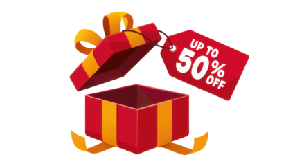 Open red gift box with yellow ribbon and a red tag showing up to fifty percent off isolated on transparent background