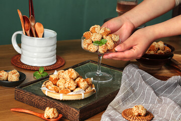 Traditional Guangxi Sesame Seed Balls Chinese Specialty Snacks Nostalgic Noodle Dessert Table Setting