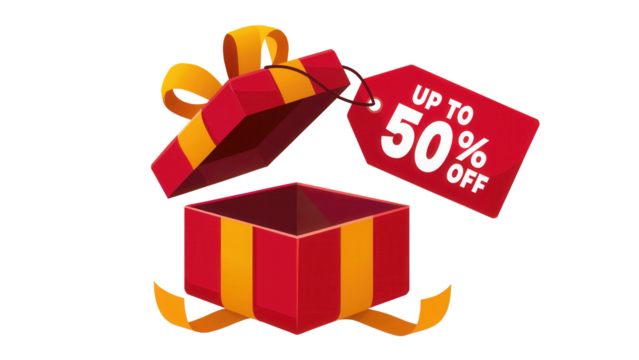 Open red gift box with yellow ribbon and a red tag showing up to fifty percent off isolated on transparent background - Powered by Adobe