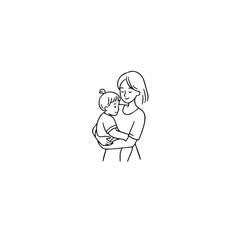 Black and White Vector Illustration of a Beautiful Mother Caring for Child in Minimalist Line Art Style