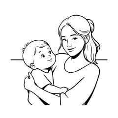 Black and White Vector Illustration of a Beautiful Mother Caring for Child in Minimalist Line Art Style
