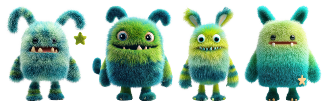 PNG Colorful fuzzy cartoon monsters, element set on transparent background