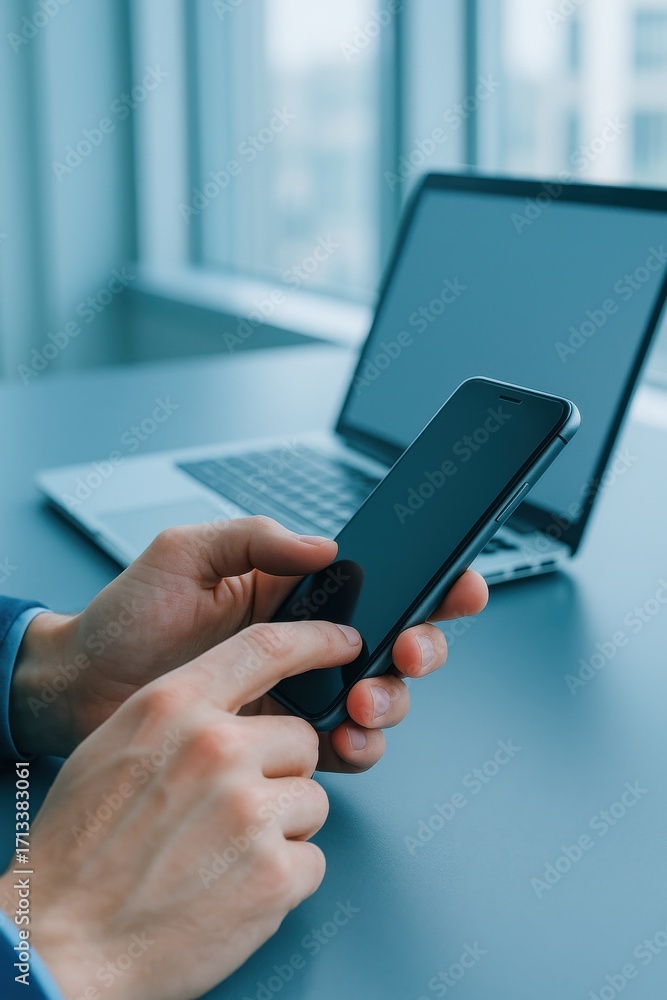 Poster close-up of a person using a smartphone while sitting at a desk with a laptop in an office