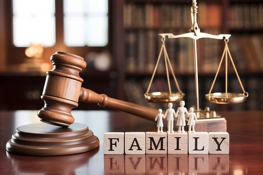 Symbolic representation of family law with a gavel scales of justice and wooden blocks spelling out the word family in a courtroom setting