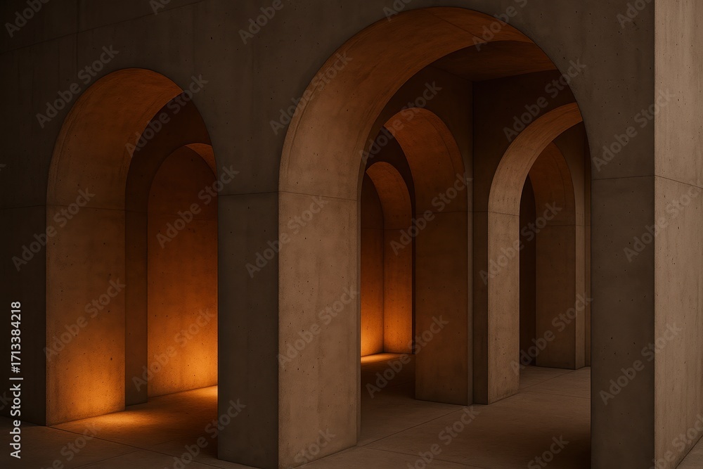 Poster archways: a perspective view through a series of elegant archways, bathed in a soft, warm light, sho