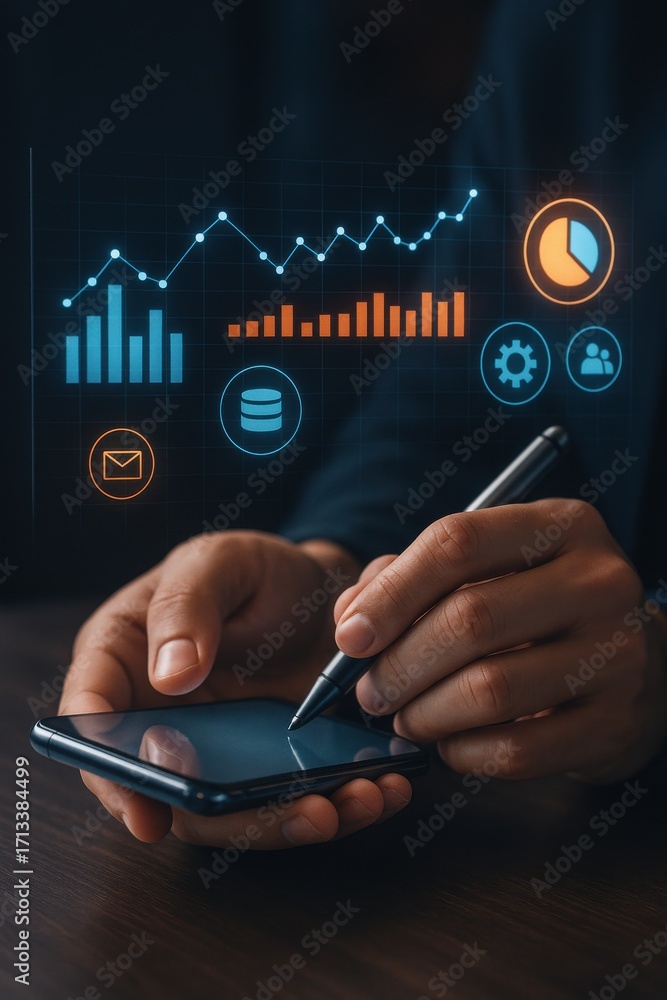 Aufkleber person using smartphone with data analytics graphics on screen for business insights and reports