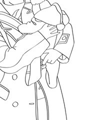 A woman holding a baby by the river. Sketch-style coloring page.