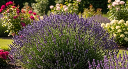 Lush purple lavender bush blooming in a vibrant summer garden.