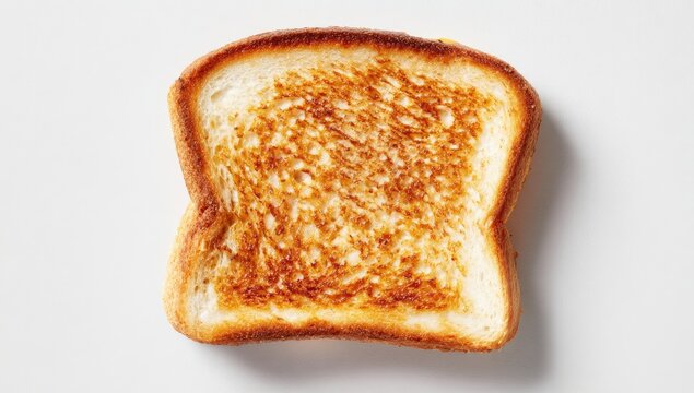 A single slice of perfectly toasted bread, golden brown with crisp edges, sits on a plain white background.  The toast shows even browning and a slightly textured surface