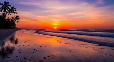 Sunrise over a tropical beach with palm trees.