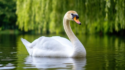 Naklejka premium Graceful Swam in Tranquil Lake Surrounded by Lush Greenery