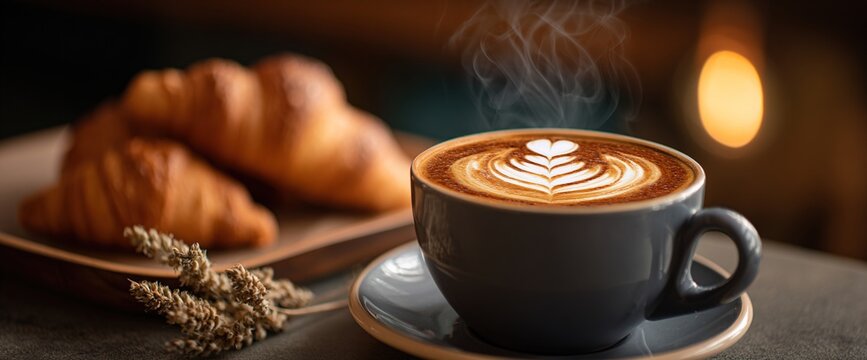 Steaming cup of coffee with heart-shaped latte art and fresh croissants on a plate, set in a cozy cafe environment with warm lighting, symbolizing relaxation and comfort. High quality