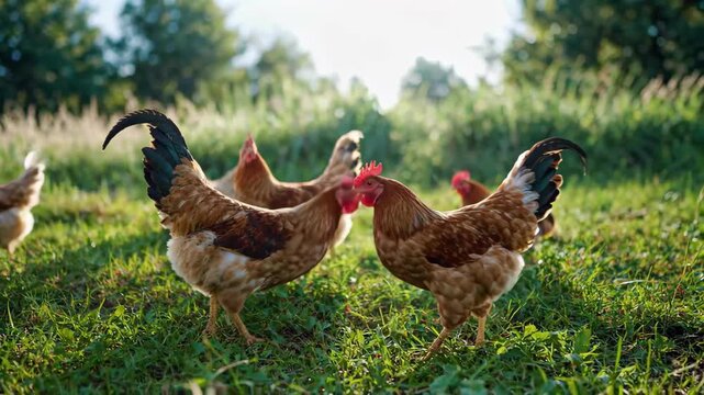 Meadow free-range cock hen flocks like flocks foraging on meadow