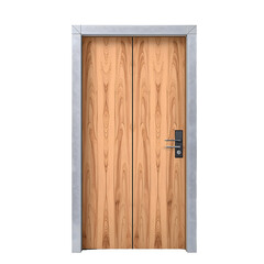 Sleek and modern wooden double door with a minimalist gray frame, isolated on a white background for architectural visualization
