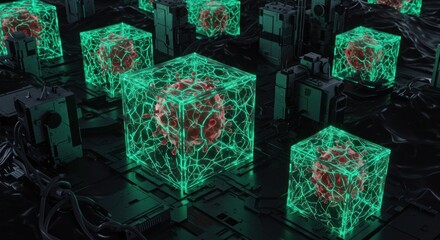 Bio-Containment: Neon-Glowing Cubes Encapsulate Viral Entities within Futuristic Tech Landscape
