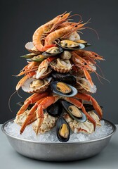 Seafood Tower: A visually stunning seafood tower features an assortment of fresh shellfish and crustaceans artfully arranged, providing an elegant display of culinary delights.