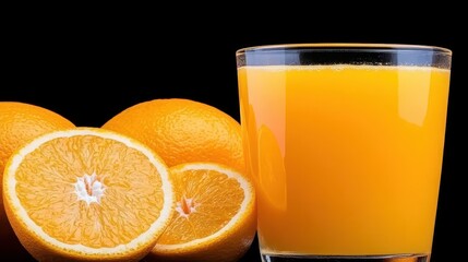 Fresh Orange Juice with Sliced Oranges on Black Background