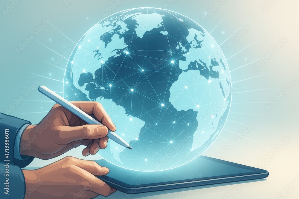 Aufkleber hand holding stylus touching transparent digital globe with network connections and data points