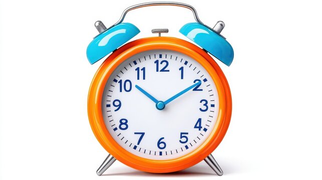 Bright Orange Alarm Clock with Blue Accents on White Background