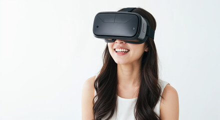 VR Experience: Capturing a woman in a moment of pure, joyful immersion in the digital world. She wears the virtual reality headset, her expression a blend of amazement and excitement.