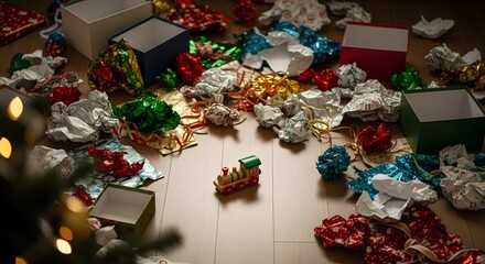Christmas morning mess with crumpled gift wrap, empty boxes, and a toy train