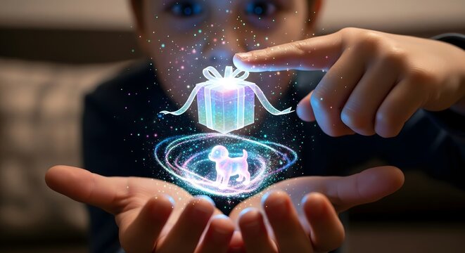 Child's Hands Holding Magical Glowing Gift & Puppy