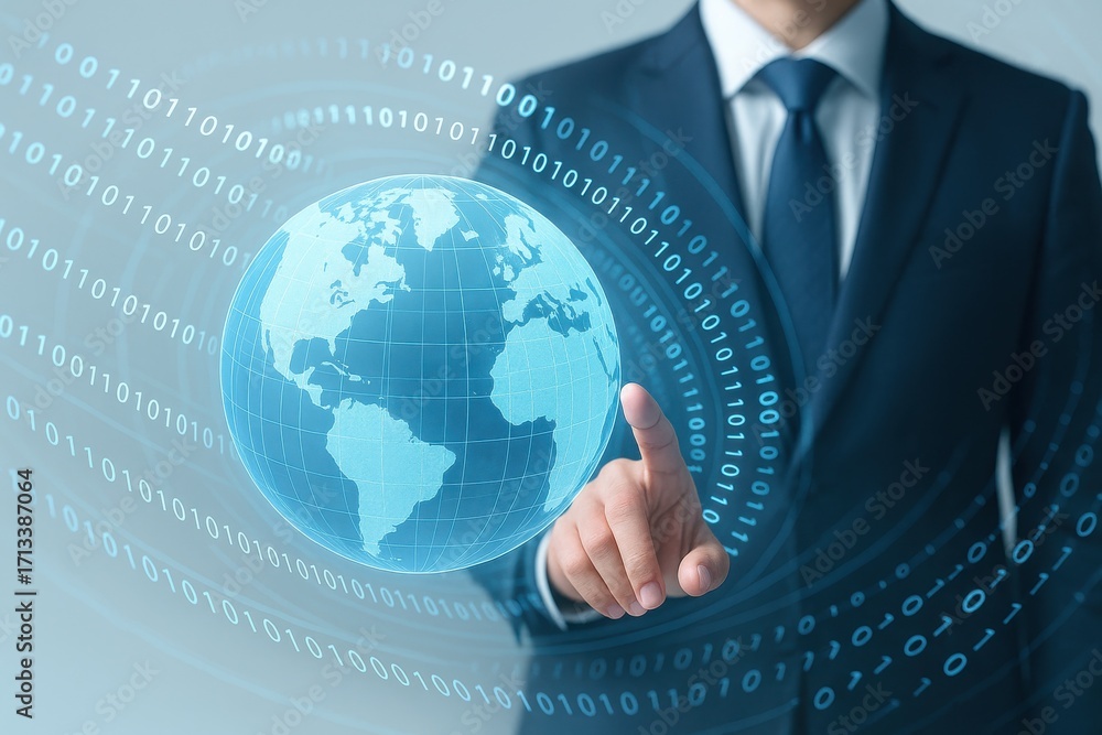 Poster businessman interacting with digital globe and binary code in modern technology concept