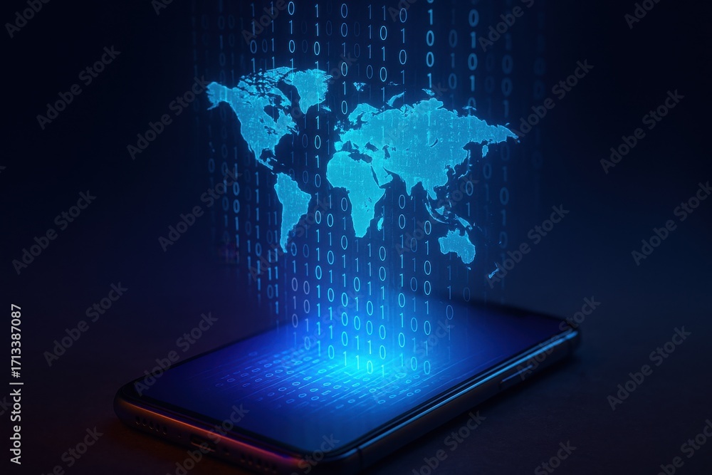 Aufkleber blue holographic world map emerging from a smartphone with binary code background