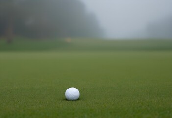 Golf Ball on Green, Foggy Course: Serene, Minimalist, Atmospheric Scene.