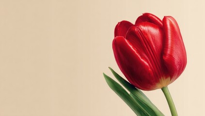 A single, vibrant red tulip with two leaves, set against a pale beige background, is captured in a close-up, slightly angled shot. The image showcases the flower's rich color and delicate texture