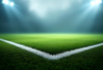 Obraz premium Illuminated Soccer Field Corner: Vibrant Green Grass and Crisp White Lines