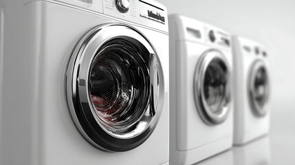 Row of White Front Load Washing Machines with Chrome Trim in Minimalist Design
