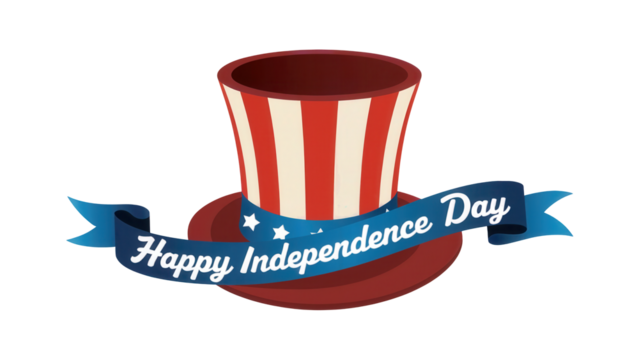 Patriotic uncle sam hat with happy independence day ribbon and stars isolated on transparent background