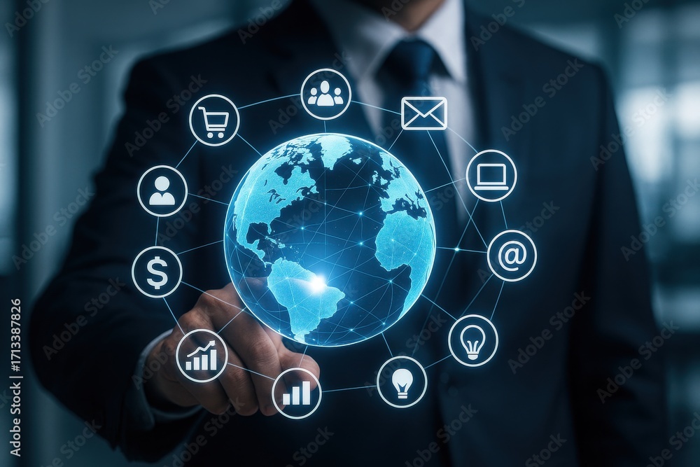Poster businessman pointing at digital globe with icons representing global connection and technology