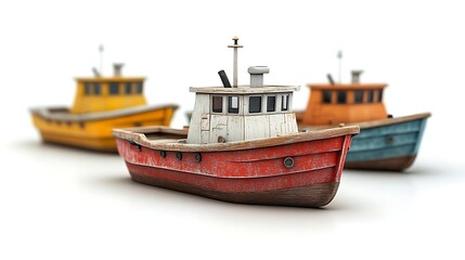 Naklejka premium Rustic Boats, Red Hull, Whitewashed Cabin, Detailed Wood Grain on White Background