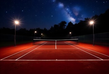 Naklejka premium Night Serenade: Milky Way over Illuminated Tennis Court