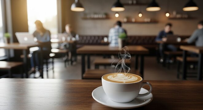 Coffee cup on table in cafe with people working.